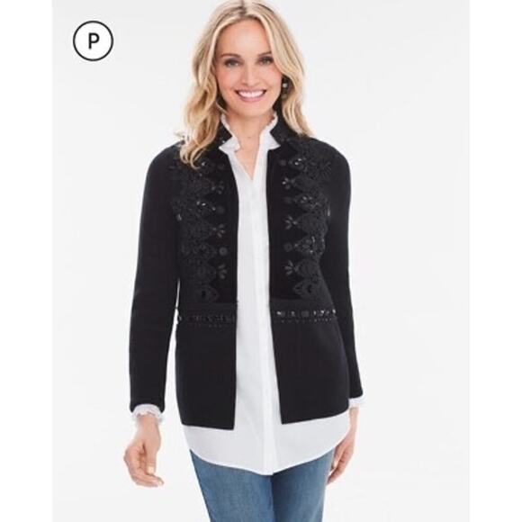 Chico’s Embellished Embroidered Tonal Cardigan Black Knit Sz 3 XL Dark Romantic - Picture 1 of 12